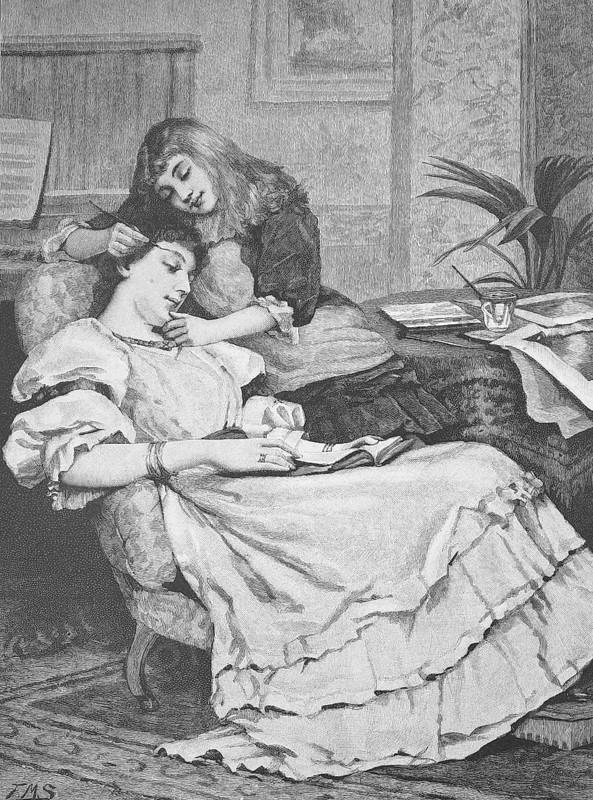 Girl trying to apply eyebrow make-up to her mother, who patiently holds off, 1890, Germany, Historical, Digitally restored reproduction from a 19th century original, Record date not stated, Europe