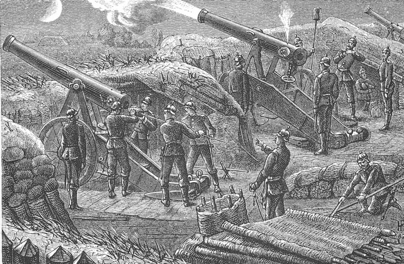 On the artillery firing range, night firing with 15-cm cannons, twenty-four-pounder, from a siege battery, manoeuvre around 1898, Germany, Historical, digitally restored reproduction from a 19th century original, Record date not stated, Europe