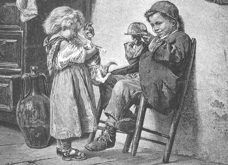 The Temptation of the Cat, Girl showing a cat a mouse in a mousetrap held by a boy, Scene around 1890, Germany, Historical, Digitally restored reproduction from a 19th century original, Record date not stated, Europe