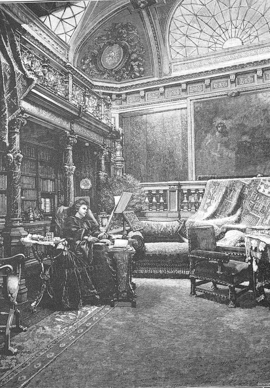 Princess Elisabeth Pauline Ottilie Luise zu Wied (* 29 December 1843, died  2 March 1916 in Bucharest) was Queen of Romania by marriage. As a writer, she published her works under the pseudonym Carmen Sylva. Here in her study, Historical, digitally restored reproduction from a 19th century original, Record date not stated