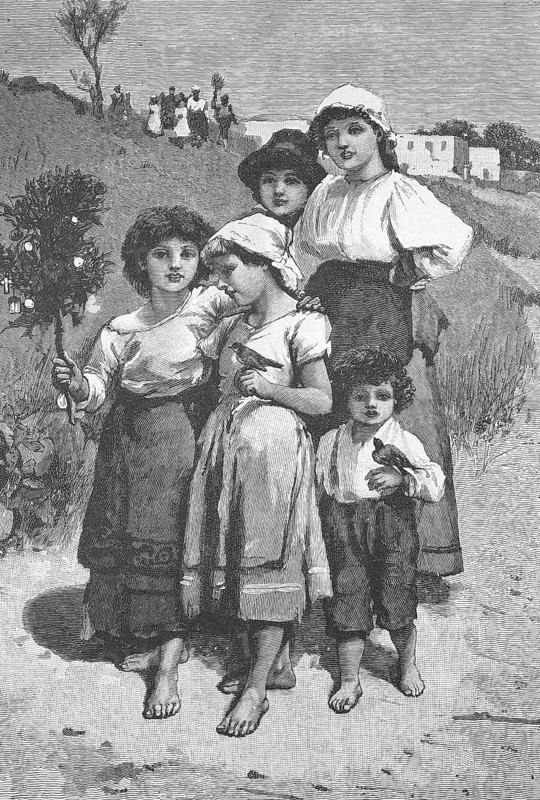 Release of birds by the girls, Capri, around 1880, Italy, Historical, digitally restored reproduction from a 19th century original, Record date not stated, Europe
