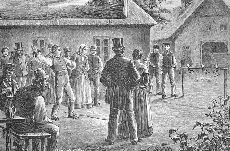 Folk games in Holstein in the 19th century. Egg throwing, Germany, Historical, digitally restored reproduction from a 19th century original, Record date not stated, Europe