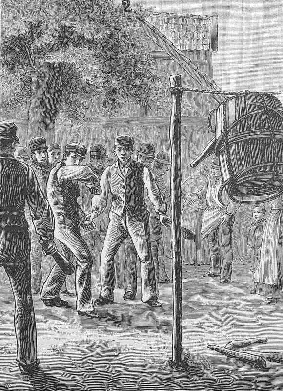 Folk games in Holstein in the 19th century. Throwing the pigeons out of the barrel, Germany, Historical, digitally restored reproduction from a 19th century original, Record date not stated, Europe
