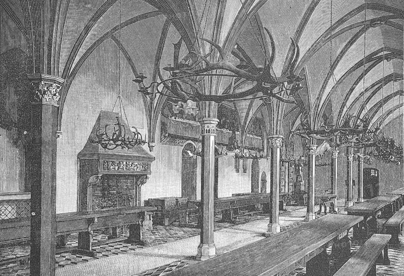 St Mary's Castle, Malborku, a medieval castle of the Teutonic Order built in the 13th century on the River Nogat, today Poland. Here the dining room around 1880, historical, digitally restored reproduction from a 19th century original, record date not stated