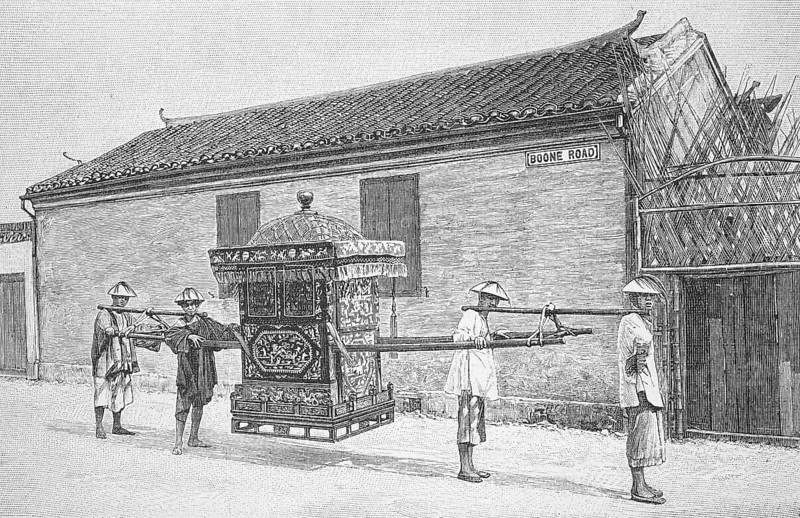 Bridal sedan chair from China, around 1880, Historic, digitally restored reproduction from a 19th century model, Record date not stated
