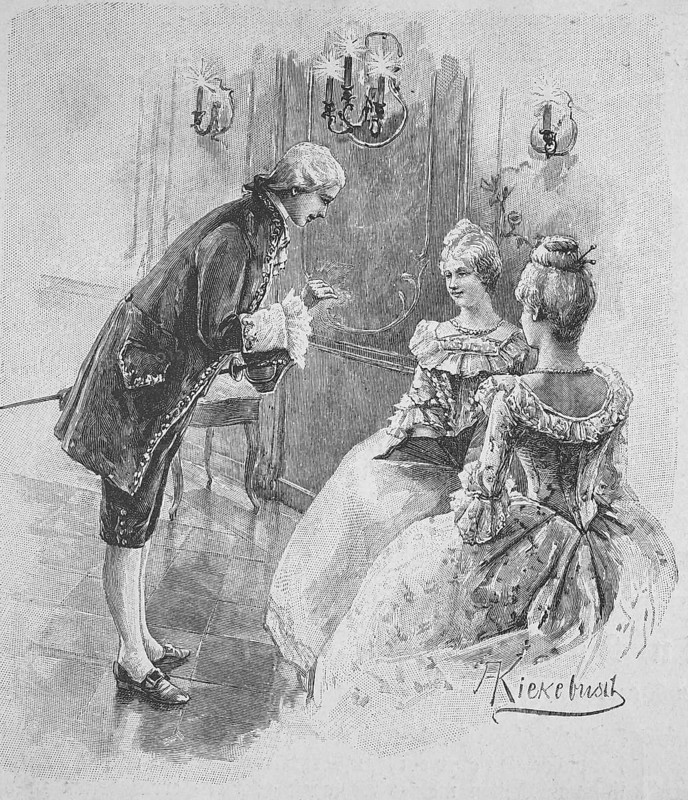 Cavalier and two noble ladies under the light of candles at a ball, Historical, digitally restored reproduction from a 19th century original, Record date not stated