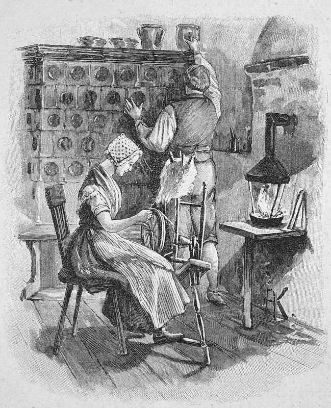 Light through a pinewood lamp in a farmhouse in the spinning room around 1800, Historical, digitally restored reproduction from a 19th century original, Record date not stated