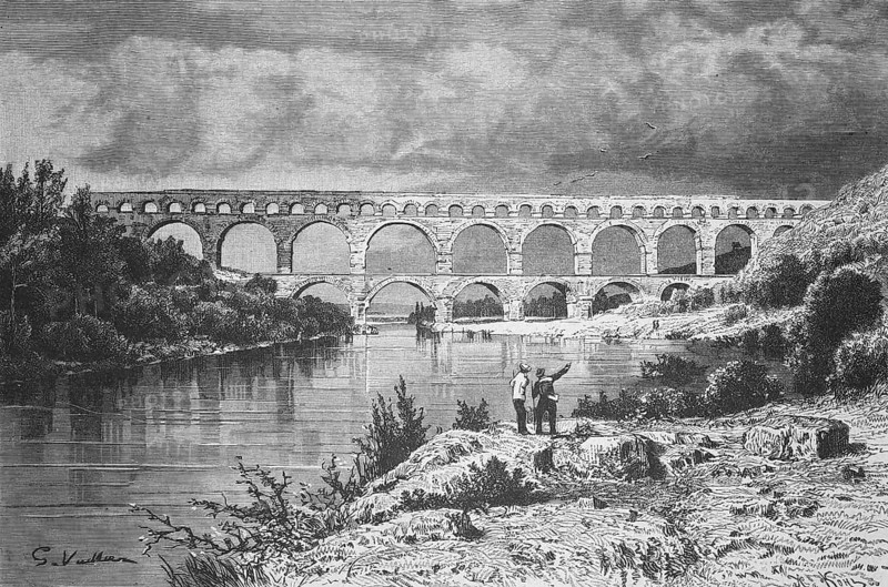 The aqueduct in Nimes, Pont du Gard, France, Historical, digitally restored reproduction from a 19th century original, Record date not stated, Europe
