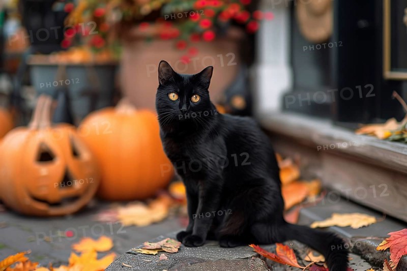 Cute black cat sitting in front of carved Halloween pumpkins, Generative Ai, AI generated