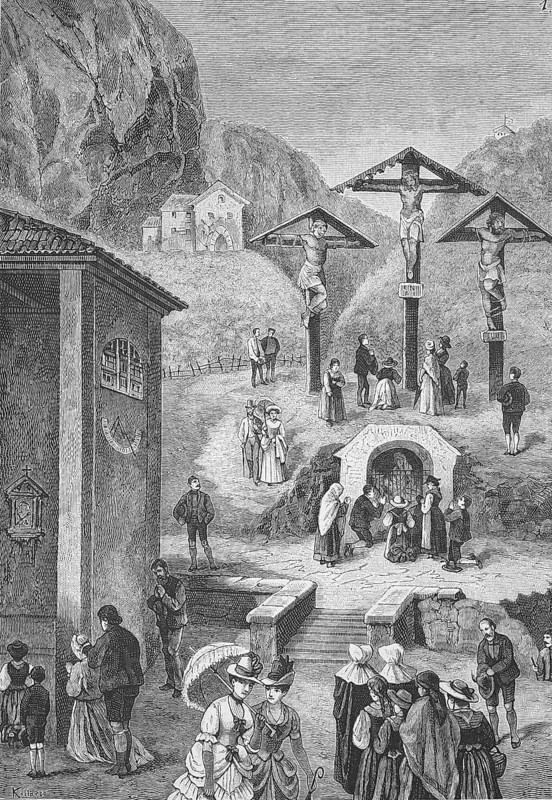 Crucifixion group on the Calvary at the Church of the Holy Sepulchre on Mount Virgl in Bolzano, South Tyrol, Italy, Historical, digitally restored reproduction from a 19th century original, Record date not stated, Europe