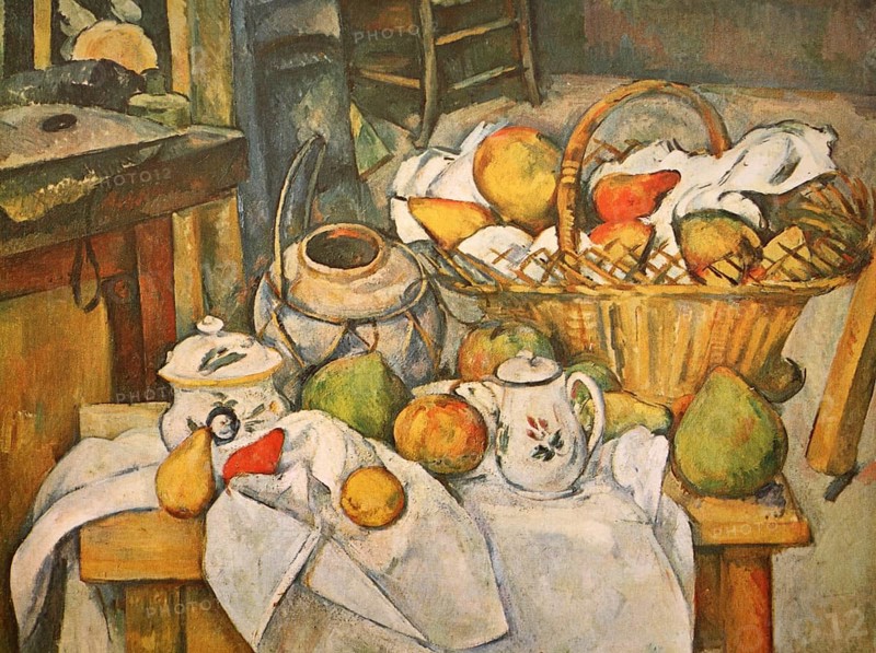 Painting by Paul Cézanne (born 19 January 1839 in Aix-en-Provence, died 22 October 1906), French painter, Still life with basket, Historic, digitally restored reproduction from a 19th century original, Record date not stated