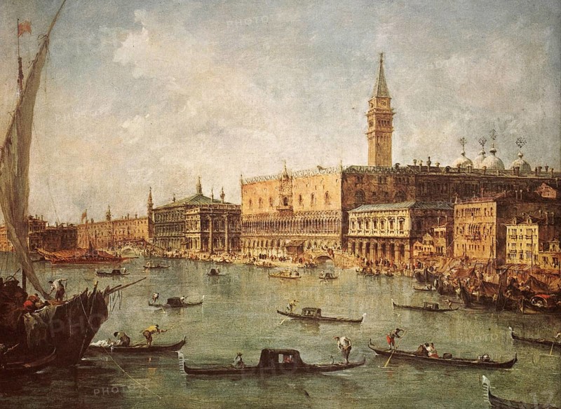 Painting by Francesco Guardi (b. 5 October 1712 in Venice. d. 1 January 1793 in Venice), Italian rococo veduta and landscape painter, The Doge's Palace in Venice, Historical, digitally restored reproduction from a 19th century original, Record date not stated