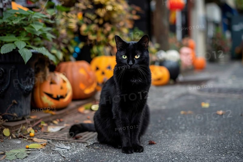 Black cat sitting in street with carved pumpkins in background. Generative Ai, AI generated