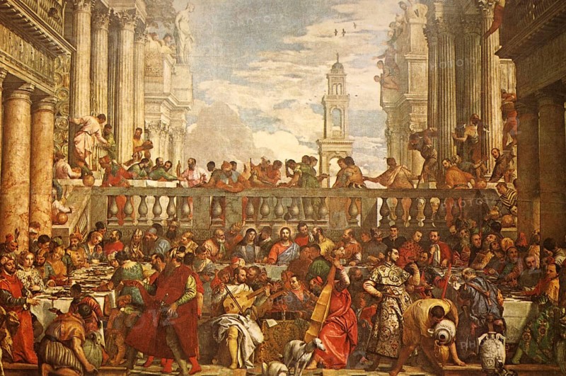 Painting by Il Veronese, Paolo Cagliari, Paolo Veronese (born 1528 in Verona. died 18 or 19 April 1588 in Venice), Italian painter, The Wedding of Cana, a miracle narrative from the Bible, which tells of Jesus of Nazareth turning water into wine as a guest at a wedding celebration, Historical, digitally restored reproduction from a 19th century original, Record date not stated