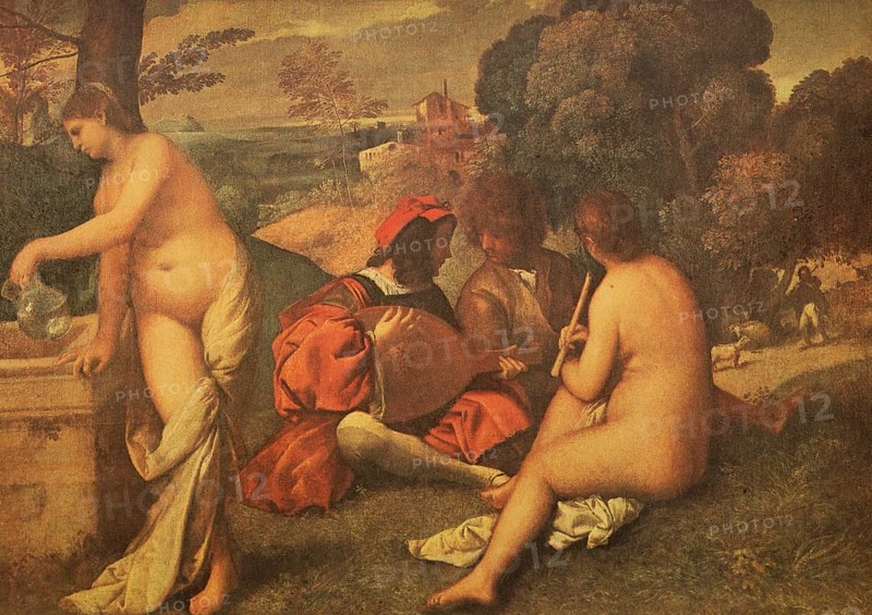 Painting by Giorgione, full name Giorgio da Castelfranco, also known as Zorzo da Castelfranco (born 1478 in Castelfranco Veneto. died in front of 25 October 1510 in Venice), Italian painter, Rural Concert, Historical, digitally restored reproduction from a 19th century original, Record date not stated