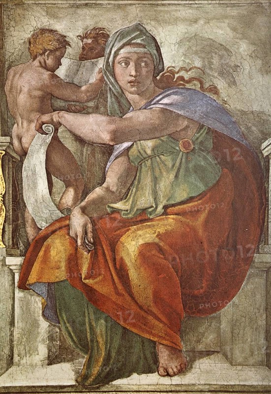 Painting by Michelangelo Buonarroti (b. 6 March 1475 in Caprese, Tuscany. d. 18 February 1564 in Rome), often simply called Michelangelo, Italian painter, The Delphic Sibyl, Sistine Chapel, Historic, digitally restored reproduction from a 19th century original, Record date not stated