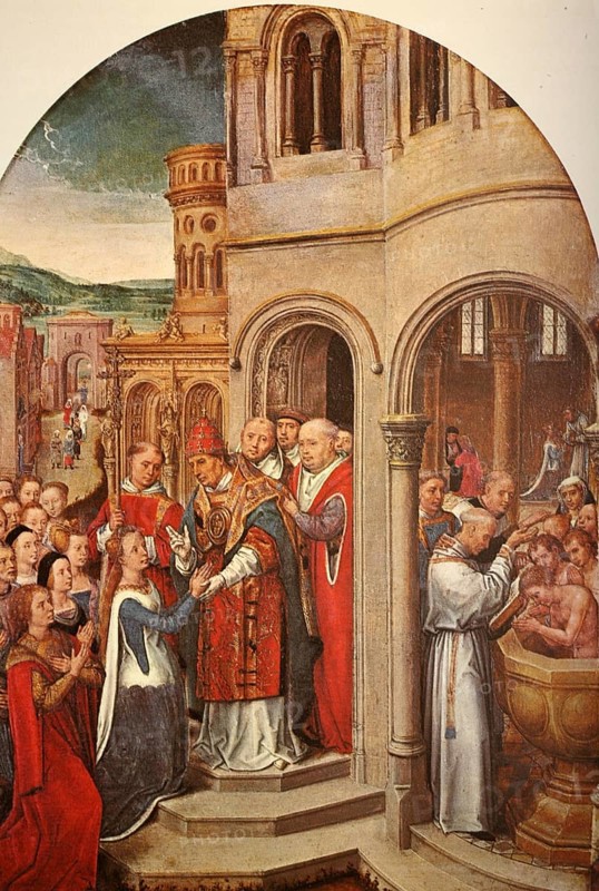 Painting by Hans Memling (born between 1433 and 1440 in Seligenstadt. died  11 August 1494 in Bruges), German painter, The Arrival in Rome, Historical, digitally restored reproduction from a 19th century original, Record date not stated