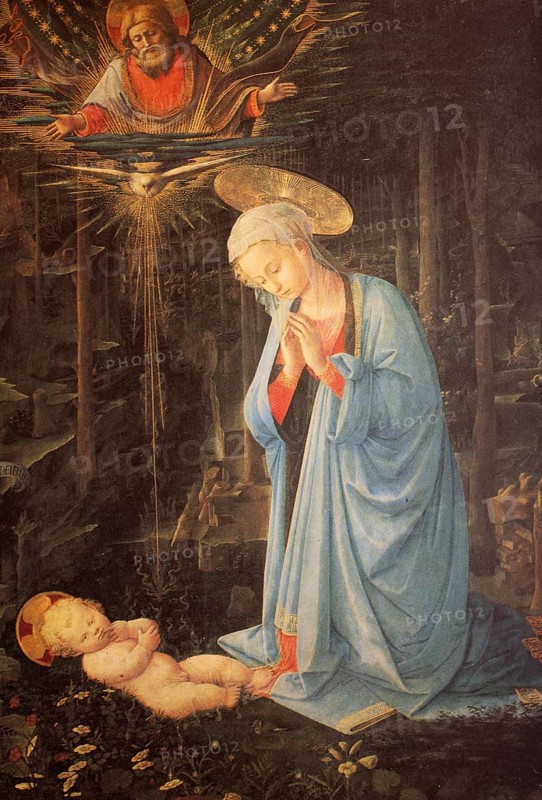 Painting by Filippo Tommaso Lippi (also Fra Lippo Lippi, born around 1406 in Florence. died  around 8 October 1469 in Spoleto), Italian painter, The Adoration of the Child, Historical, digitally restored reproduction from a 19th century original, Record date not stated