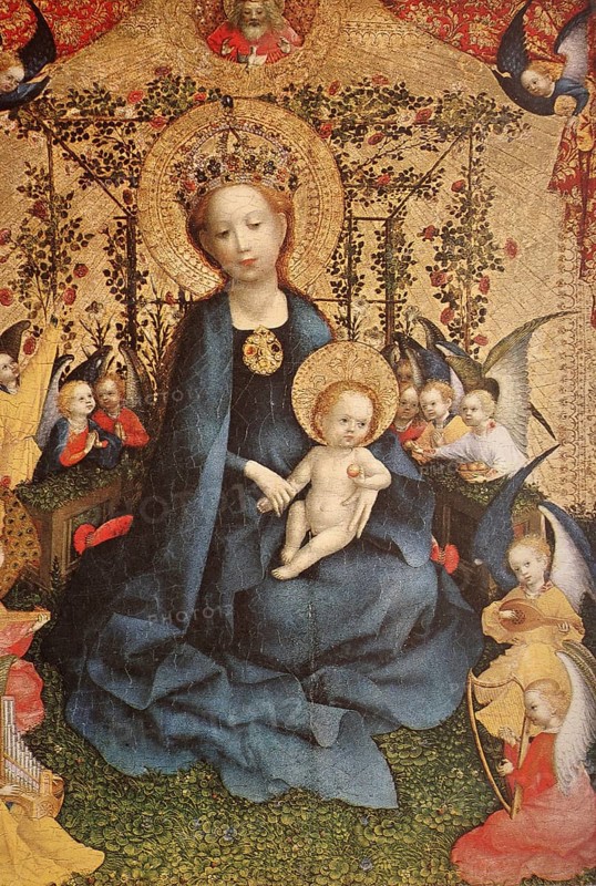 Painting by Stefan Lochner (born around 1400 to 1410 in Meersburg on Lake Constance. died  1451 in Cologne, presumably of the plague), Master Stefan, the most important painter of the Cologne school of painting, The Madonna in the Rosenhag, Historic, digitally restored reproduction from a 19th century original, Record date not stated