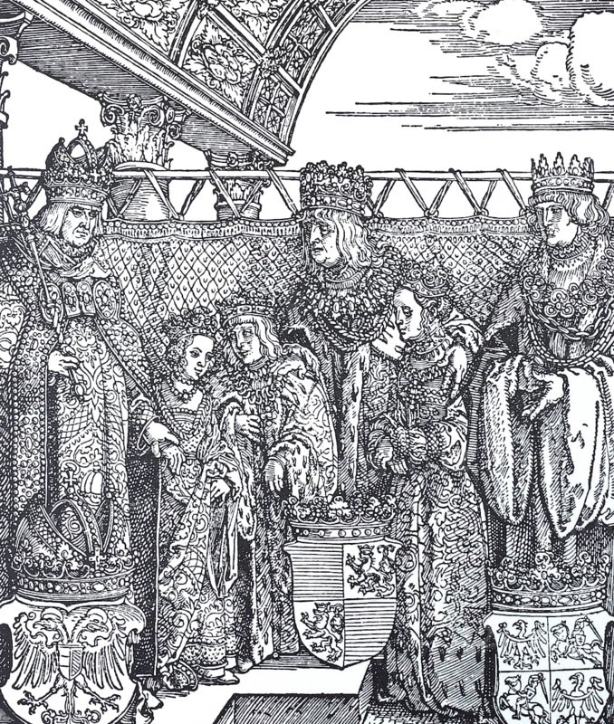 The congress of the Princess of Vienna. On Maximilian's right hand is his grandchild Mary, further on the right Ladislas, King of Hungary with his children, on the extreme right is King Sigismund of Poland, The congress of Princess of Vienna. On Maximilian's right hand is his grandchild Mary, further on the rights Ladislas, King of Hungary with his children, on the extreme right is King Sigismund of Poland, Historic, digitally restored reproduction from a 19th century original, Record date not stated