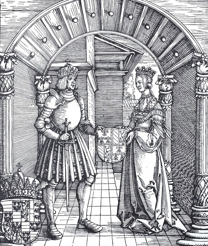 Die Verlobung von Maximilian mit Maria von Burgund, The betrothal of Maximilian with Mary of Burgundy, Historic, digitally restored reproduction from a 19th century original, Record date not stated