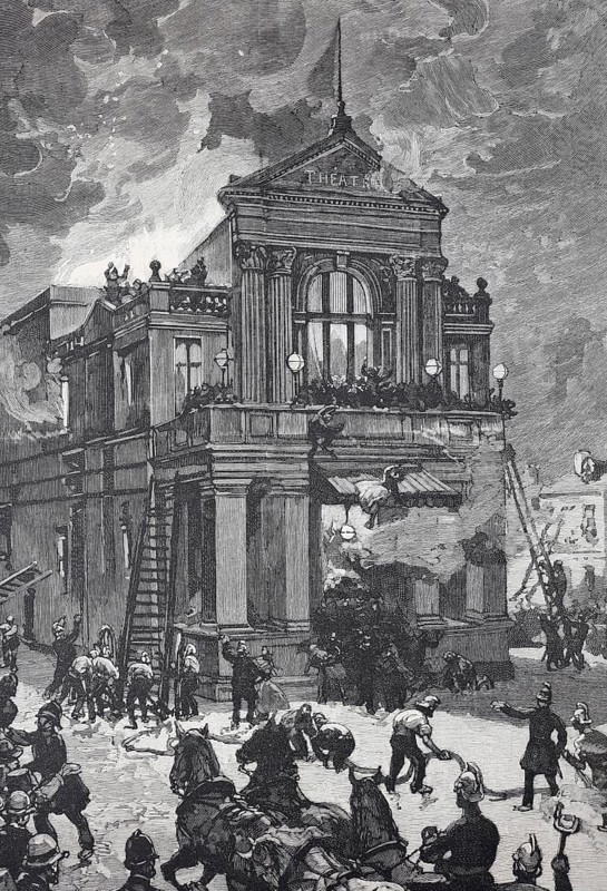 People panicking in front of a burning theatre building in a night disaster, The theatre fire in Exeter, England, Historical, digitally restored reproduction from a 19th century original, Record date not stated