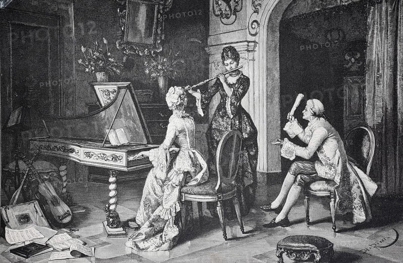 Music lessons, Women and a man playing musical instruments in an elegant baroque parlour, Historic, digitally restored reproduction from a 19th century original, Record date not stated