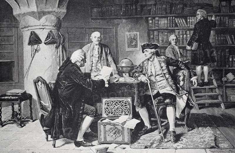Differences of opinion, Scholars in a historical library reading and discussing at a table, Historical, Digitally restored reproduction from a 19th century original, Record date not stated