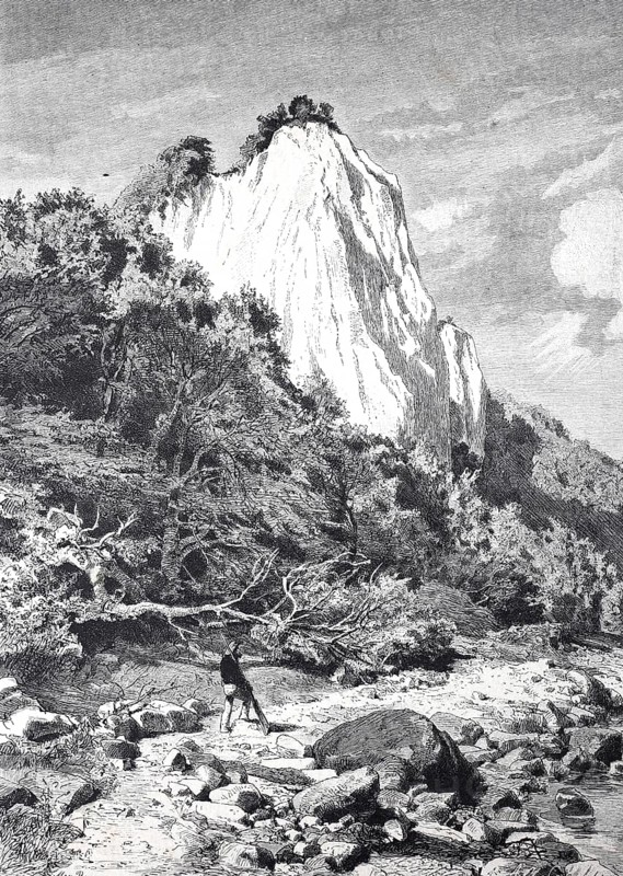 Mountain sermon in the Tyrolean Alps, People in traditional dress gather in the mountains while a man gives a speech, The Königsstuhl on Rügen, Germany, Historical, digitally restored reproduction from a 19th century original, Record date not stated, Europe