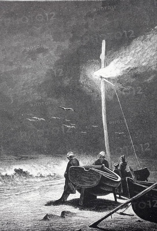 Fishermen wait in the evening for the last boat to return, Men at night illuminate boats in a stormy sea with a lantern, Historic, digitally restored reproduction from a 19th century original, Record date not stated