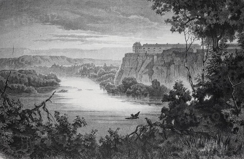 A castle on a steep cliff above a quiet river in an idyllic landscape at sunset, Mouth of the Minnesota into the Mississippi at Fort Snelling, Historic, digitally restored reproduction from a 19th century original, Record date not stated