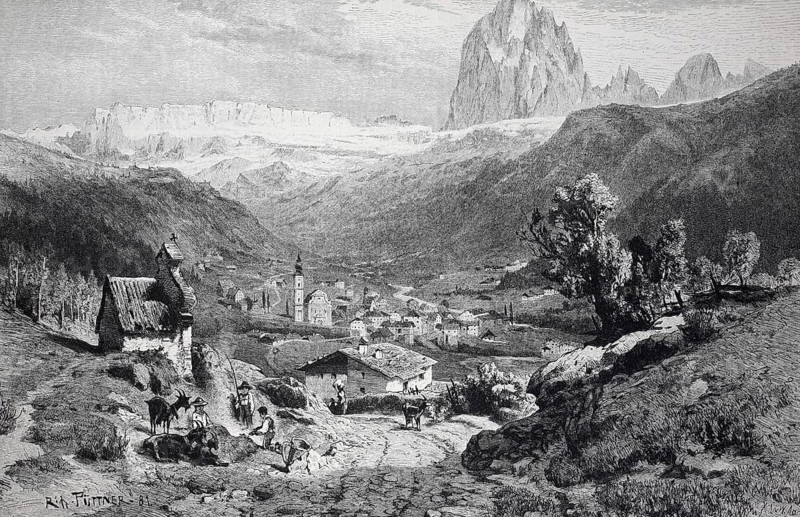 Extensive mountain landscape with a village in the valley and impressive mountains in the background, Ortisei in Val Gardena in South Tyrol, Italy, Historical, digitally restored reproduction from a 19th century original, Record date not stated, Europe