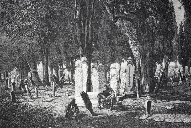Cemetery scene with gravestones and two seated persons under trees, Turkish cemetery near Skutari, Historical, digitally restored reproduction from a 19th century original, Record date not stated