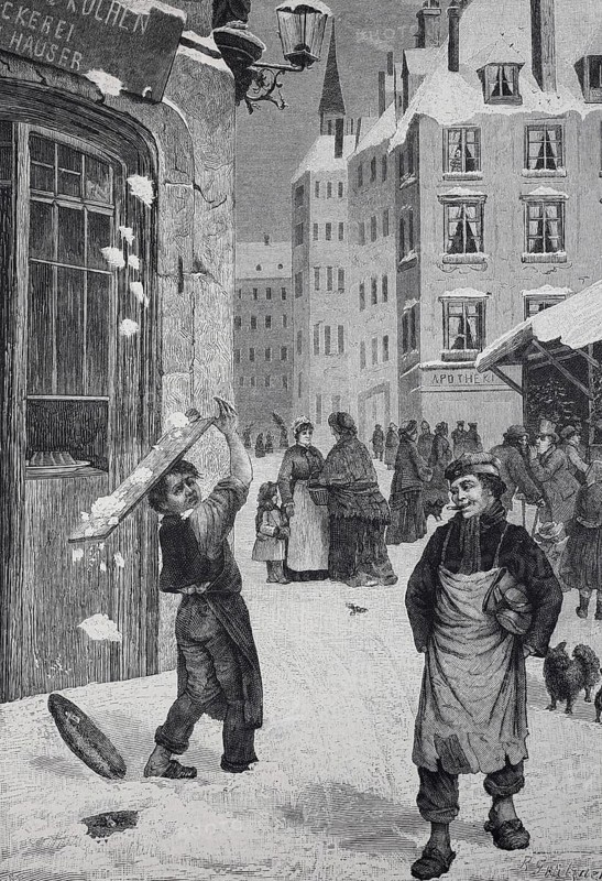 Accidental transport of stollen, the baker's boy loses the Christmas stollen from his board, Historical, digitally restored reproduction from a 19th century original, Record date not stated