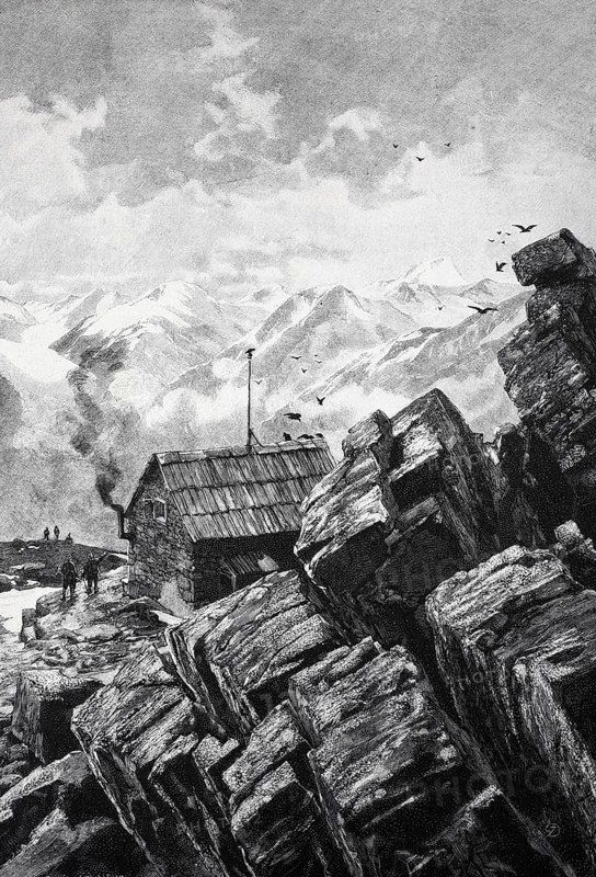 A morning in front of the Breslauer Hütte in the Ötztal Alps, Historical, digitally restored reproduction from a 19th century original, Record date not stated