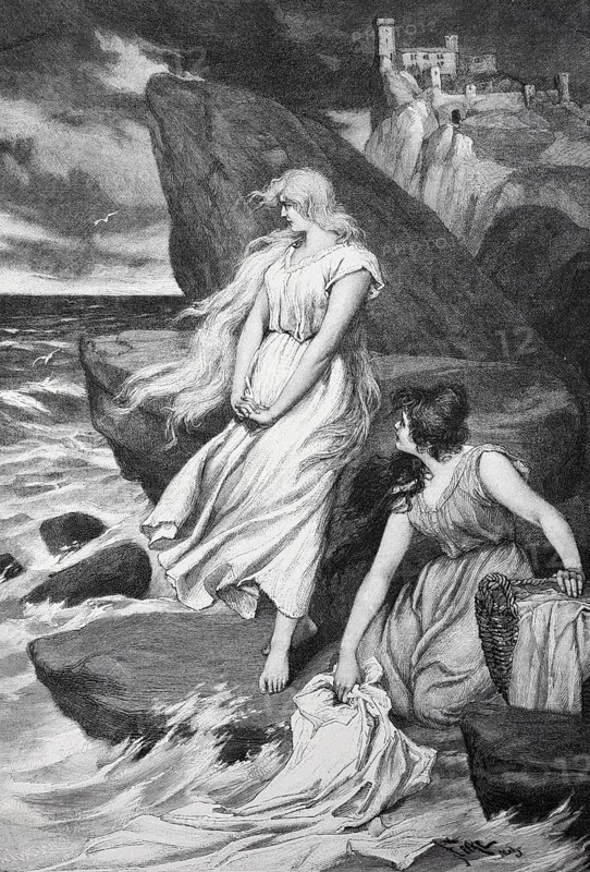 Gudrun by the sea, Two woman standing on rocks and looking out over a stormy sea, Historic, digitally restored reproduction from a 19th century original, Record date not stated