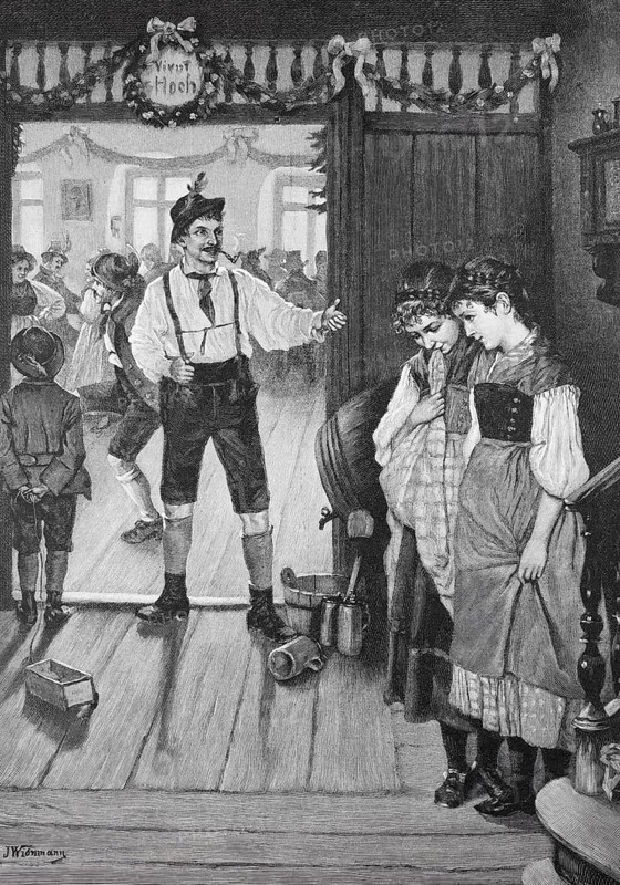 People celebrate and dance in a festive dance hall, adorned with traditional decorations, two girls stand embarrassed in front of the door and do not dare to enter the hall, Historical, digitally restored reproduction from a 19th century original, Record date not stated