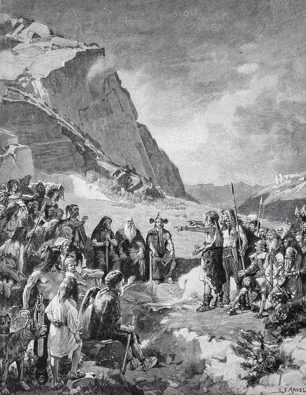 A trial among the Helvetii, a Celtic tribe that settled in the 1st century BC in what is now the Swiss Plateau and south-west Germany, Historical, digitally restored reproduction from a 19th century original, Record date not stated