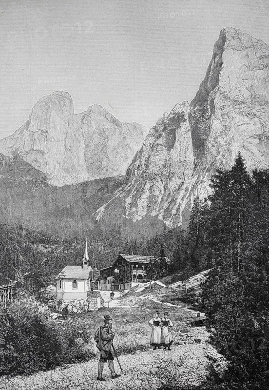 Chapel and shelter Hinterbärenbad in Tyrol in the Kaisertal in front of the fire of 1899, Two woman and a hunter in the foreground, Austria, Historical, digitally restored reproduction from a 19th century original, Record date not stated, Europe