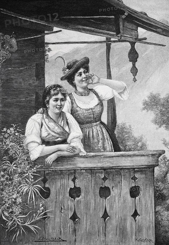 Two woman in traditional dress standing on a balcony, Dirndl, Bavaria, Germany, Historical, digitally restored reproduction from a 19th century original, Record date not stated, Europe