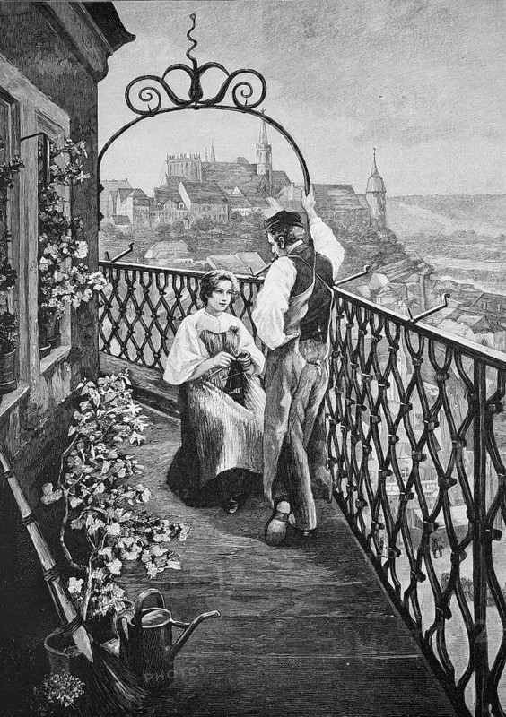 Couple standing on a balcony of the tower guard. A view of the city can be seen in the background, Historical, digitally restored reproduction from a 19th century original, Record date not stated