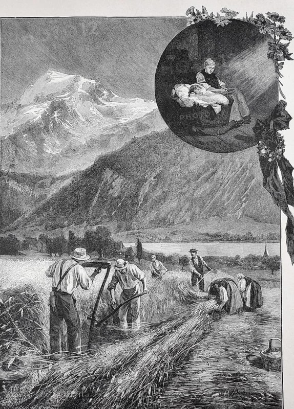 Peasants harvesting the grain of a widow in a mountainous landscape, neighbourhood help, with an evening scene of a sleeping child and a woman in the inset, Historical, digitally restored reproduction from a 19th century original, Record date not stated