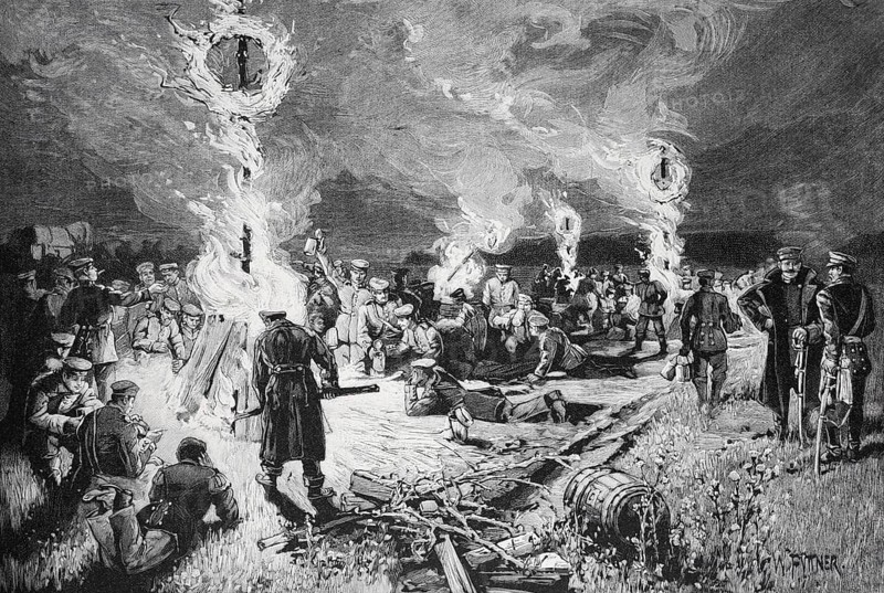 Soldiers gather around several campfires at night, the scene is lively and energetic, circle celebration in a soldier's bivouac, Historical, digitally restored reproduction from a 19th century original, Record date not stated