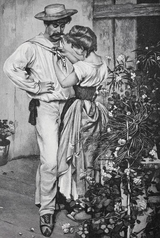 A man and a woman interacting in the garden, surrounded by flowers and plants, she admires the medal he has won in the rowing competition, Historical, digitally restored reproduction from a 19th century original, Record date not stated