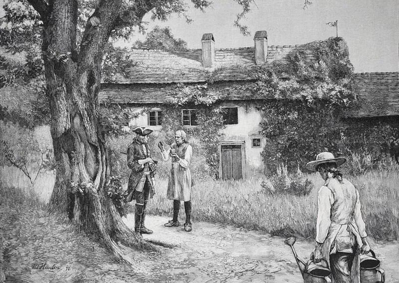 Men standing in a garden in front of a country house, while one person carries a water jug, in front of the nursery's Tor tor in Rheinsberg, Germany, Historical, digitally restored reproduction from a 19th century original, Record date not stated, Europe