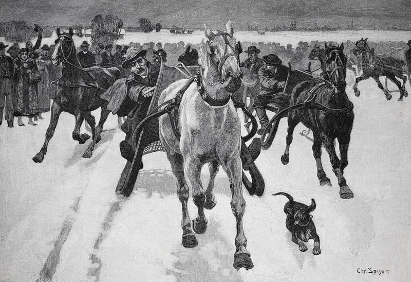Several horse-drawn sleighs travelling fast through a snowy landscape, accompanied by a dog, Sleigh race on the Theresienwiese in Munich, Germany, Historical, digitally restored reproduction from a 19th century original, Record date not stated, Europe