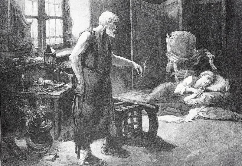 An old man stands in a dark room next to a sleeping person in bed. The son of Lufwig XVI with Simon in prison, Historical, digitally restored reproduction from a 19th century original, Record date not stated