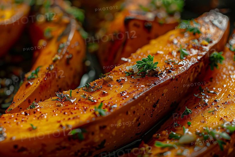 Close up of baked pumpkin wedges with seasoning. Generative Ai, AI generated