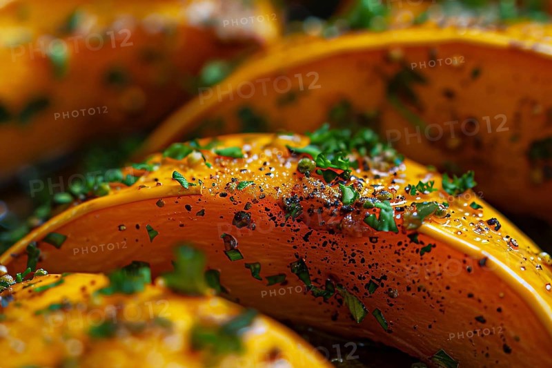 Close up of baked pumpkin wedges. Generative Ai, AI generated