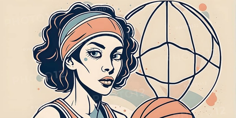 Female basketball player in retro design line art style illustration, AI generated